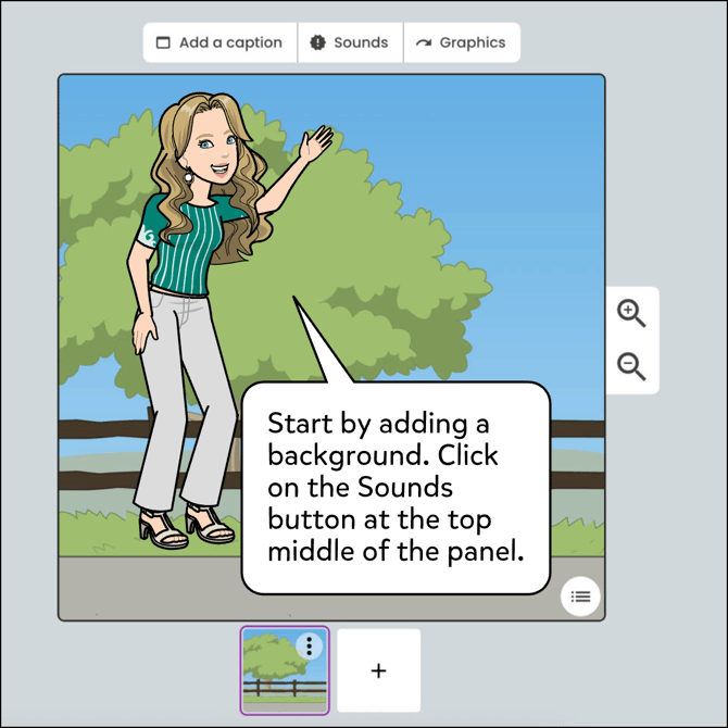 Start by adding a background. Click on the Sounds button at the top middle of the main panel.