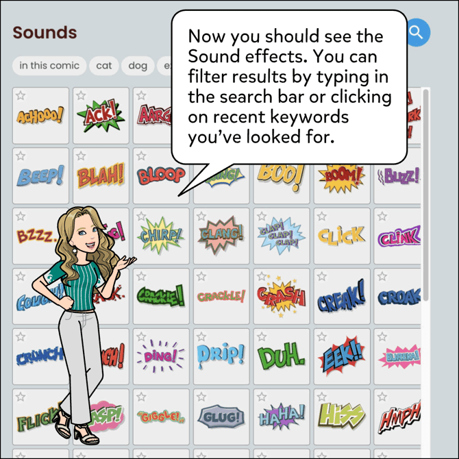 Now you should see the Sound effects. You can filter results by typing in the search bar or clicking on recent keywords you've looked for.