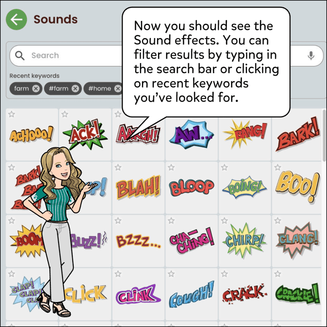 Now you should see the Sound effects. You can filter results by typing in the search bar or clicking on recent keywords you've looked for.