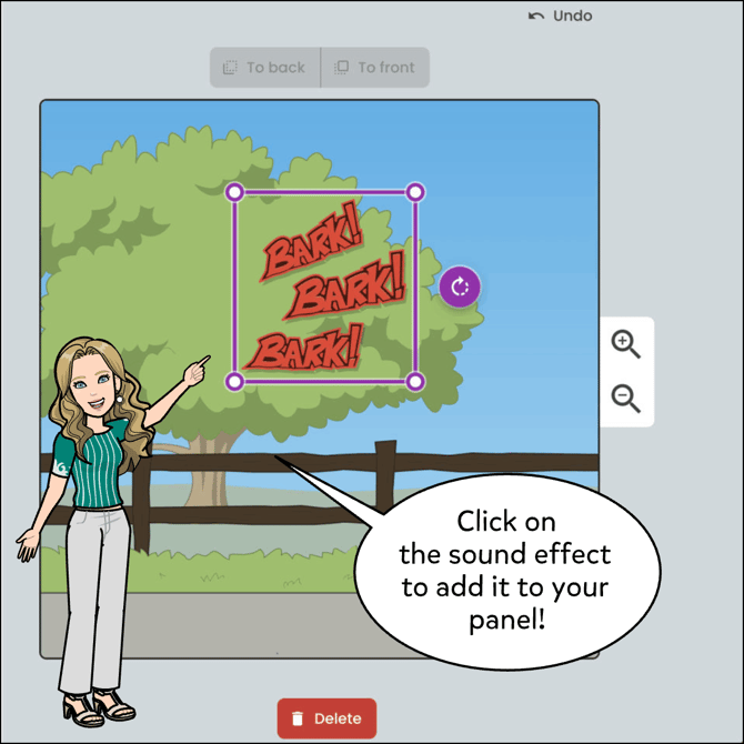 Click on your desired sound effect to add it to the panel. Image shows 3 Bark! Bark! Bark! sound effects on a farm background.