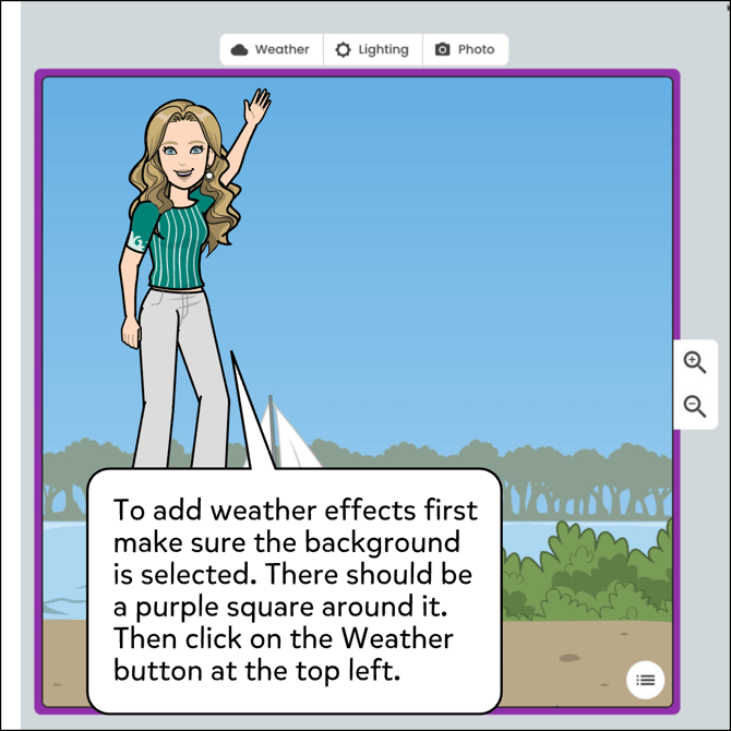To add weather effects first make sure the background is selected. There should be a purple square around it. Then click on the Weather button at top left.