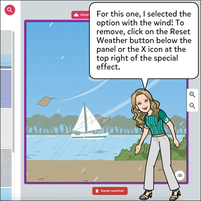 Now you should see the weather effect on your panel. To remove, click on the Reset Weather button below the panel, or the X icon at the top right of the weather effect.