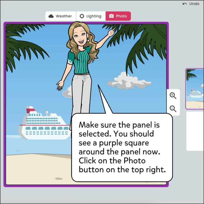Make sure the panel is selected. You should see a purple bold square around the panel once it's selected. Click on the Photo button at the top right.