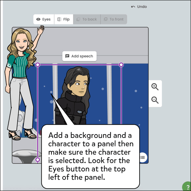 Add a background and a character and make sure the Character is selected. Click on the Eyes button at the top left of the panel.