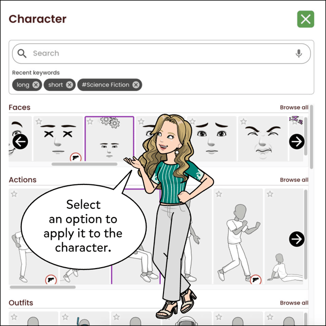 Select an option to apply it to the character.