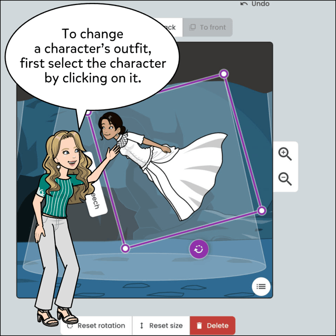 To change a character's outfit, first select the character by clicking on it.