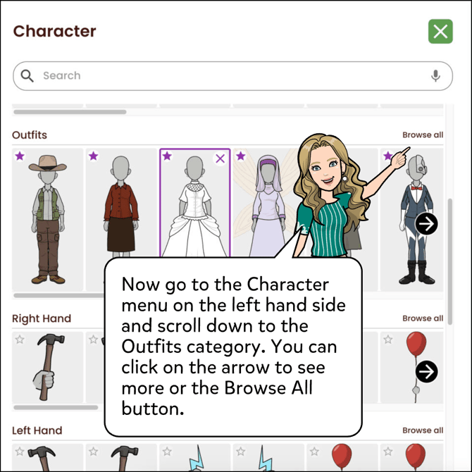 Now go to the Character menu on the left hand side and scroll down to the Outfits category. You can click on the arrow to see more or the Browse All button.