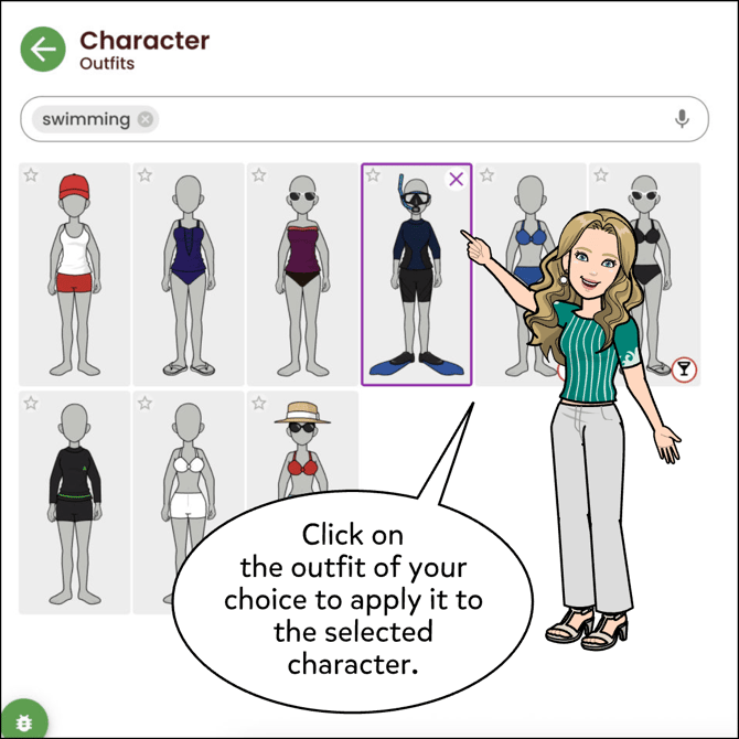 Click on the outfit of your choice to apply it to the selected character.