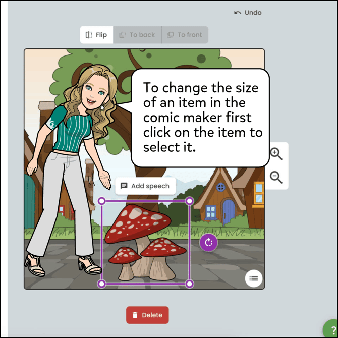 To change the size of an item in the comic maker first click on the item to select it.