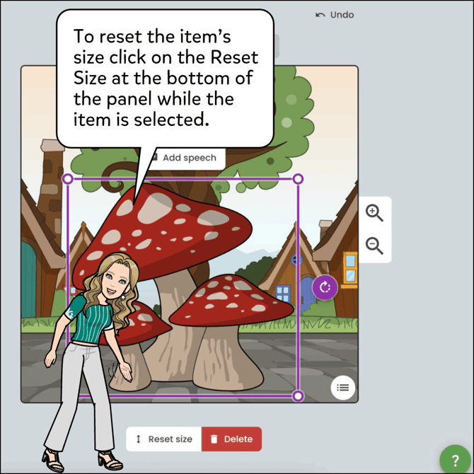 To reset the item's size click on the Reset size at the bottom of the panel while the item is selected.