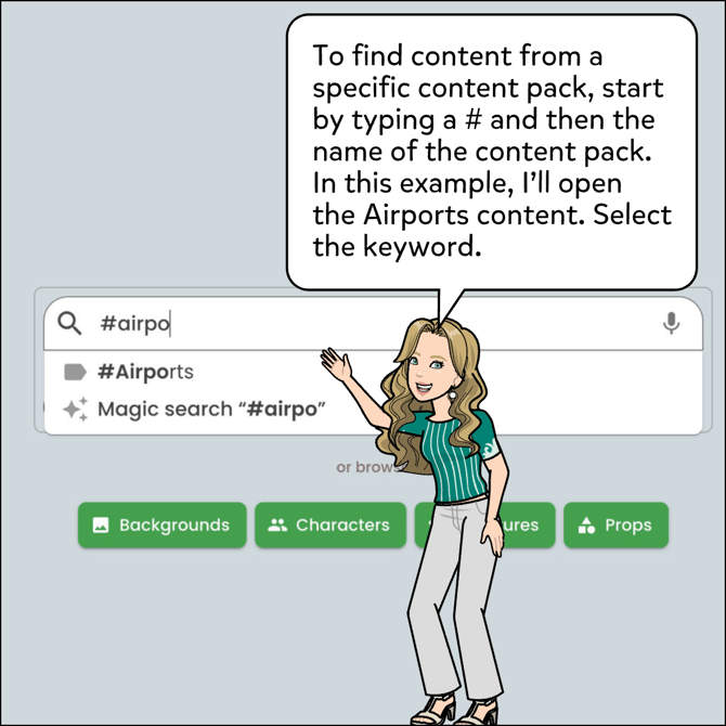 To find content from a specific content pack, start by typing a # and then the name of the content pack. In this example, I'll open the Airports content. Click on the #Airports keyword.