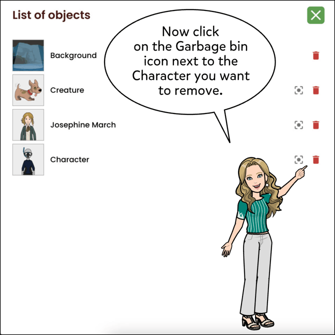 Now click on the Garbage bin icon next to the Character you want to remove.