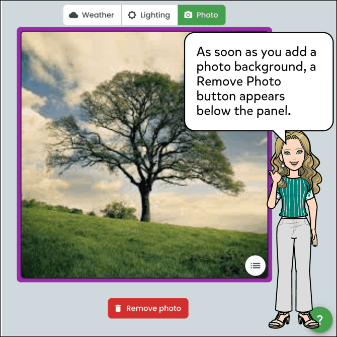 As soon as you add a photo background, a Remove Photo button appears below the Panel.