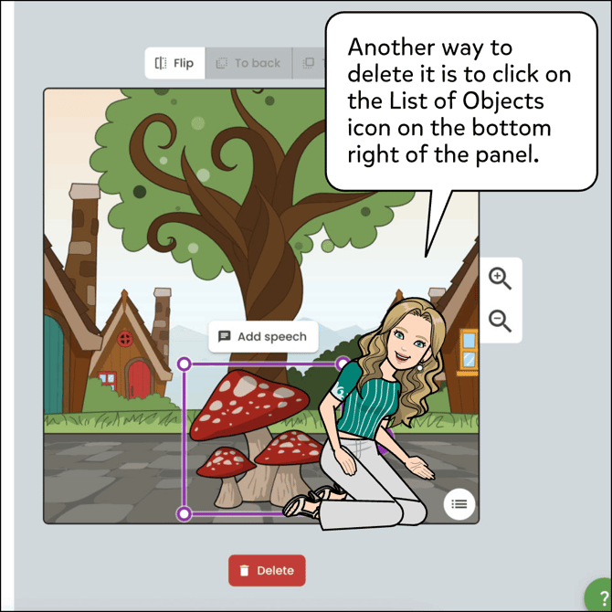 Another way to delete items is to click on the List of Objects icon at the bottom of right of the panel.