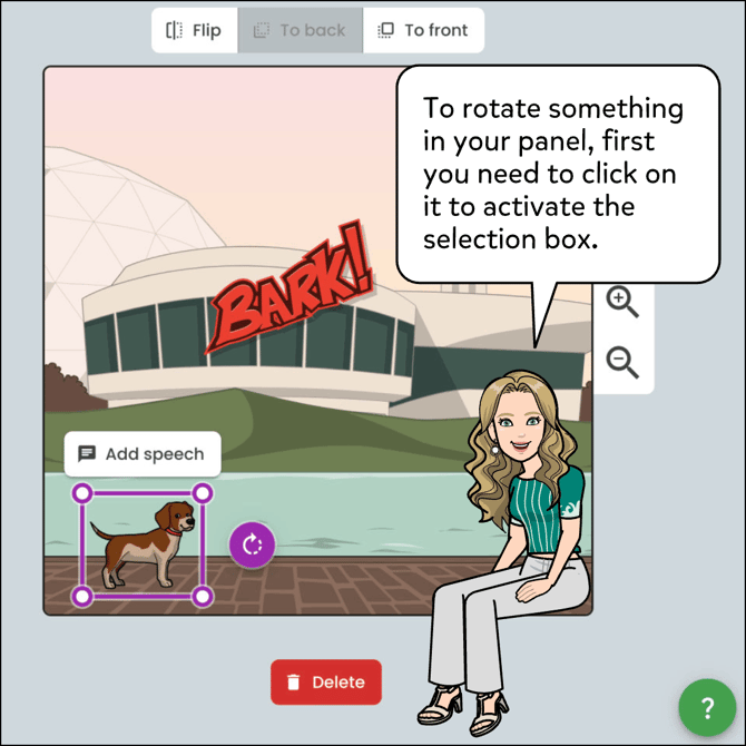 To rotate an item in your panel, first you need to click on the item to activate the selection box around it.