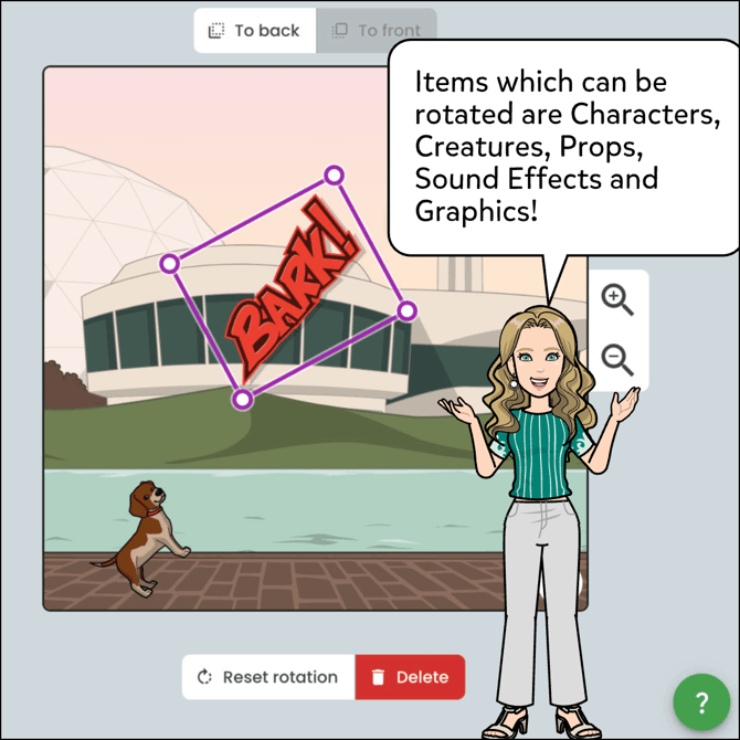 Items that can be rotated are Characters, Creatures, Props, Sound Effects and Graphics.