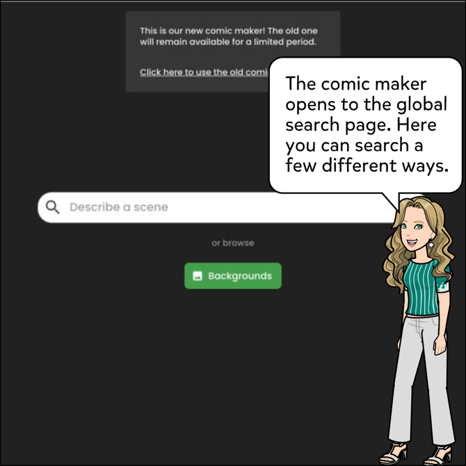 The comic maker opens to the global search page. Here you can search a few different ways.