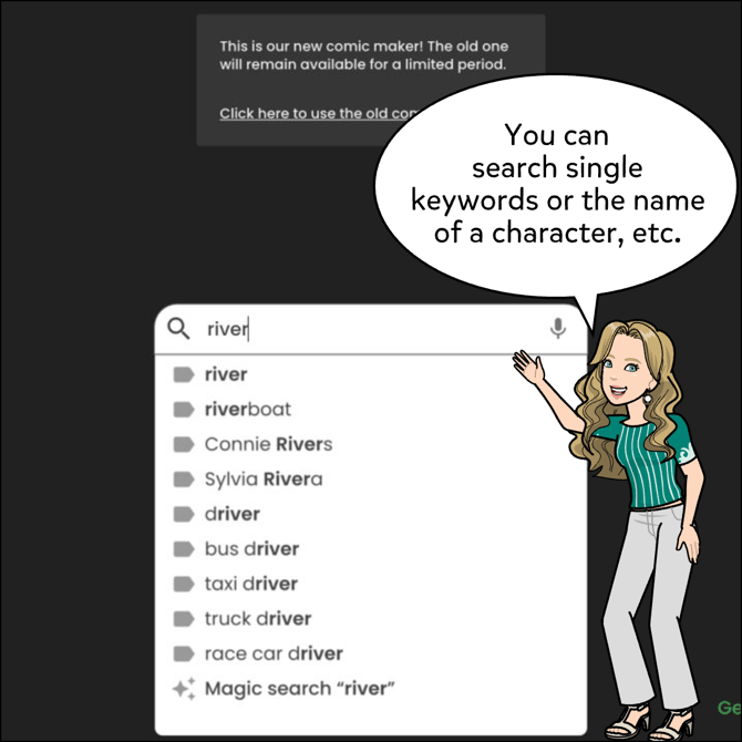 You can search single keywords or the name of a character.