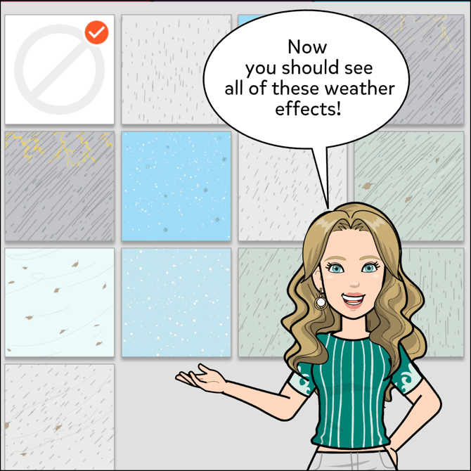 The weather effects will show in a list on the left side of the comic maker.