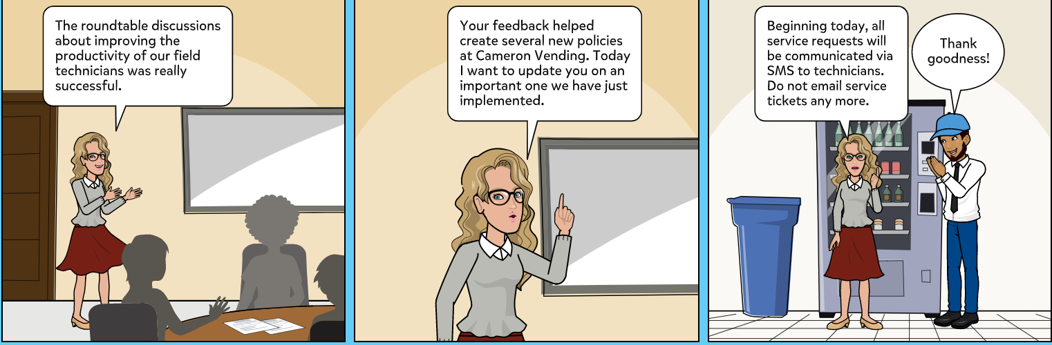 Image shows a three panel example comic of a business person communicating about a change of management with their team.