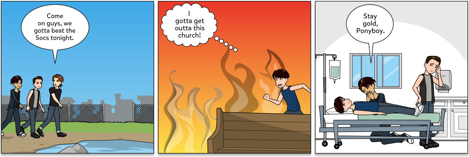 Image shows a three panel comic of the story of The Outsiders.