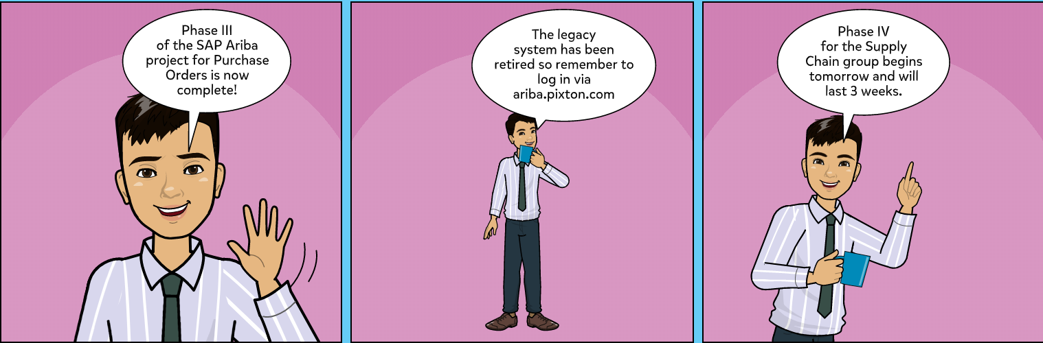 Image shows a three panel comic illustrating how comics can be used to send internal communications messages within a company.