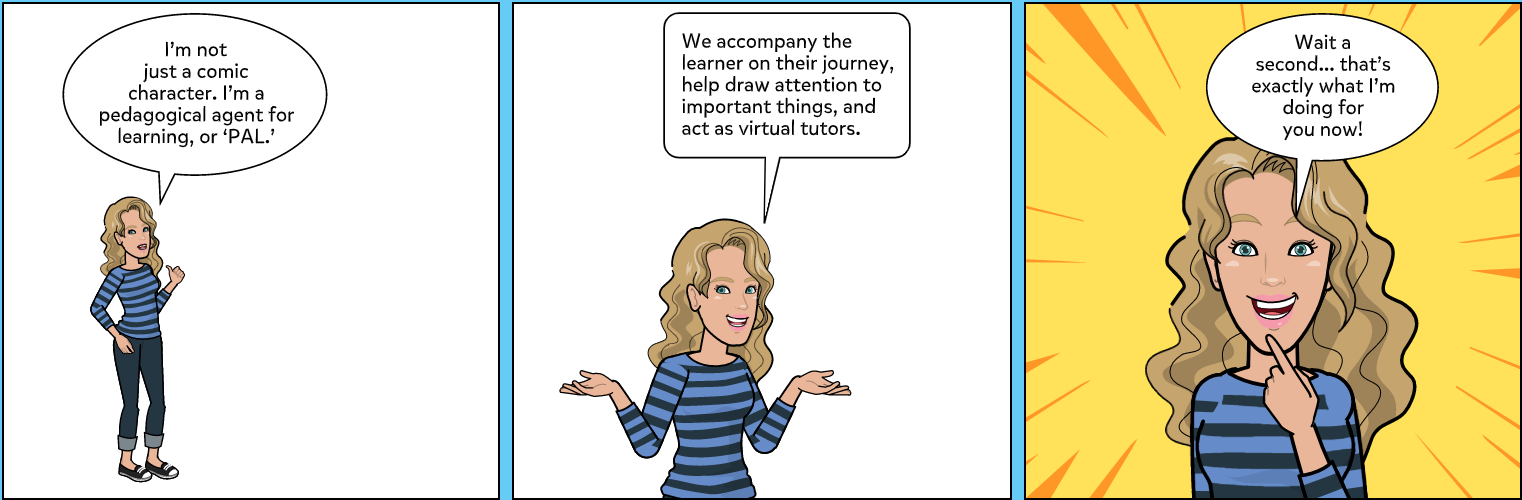 Image showing a three panel comic example of how Pedagogical agents for learning can be used for training materials.